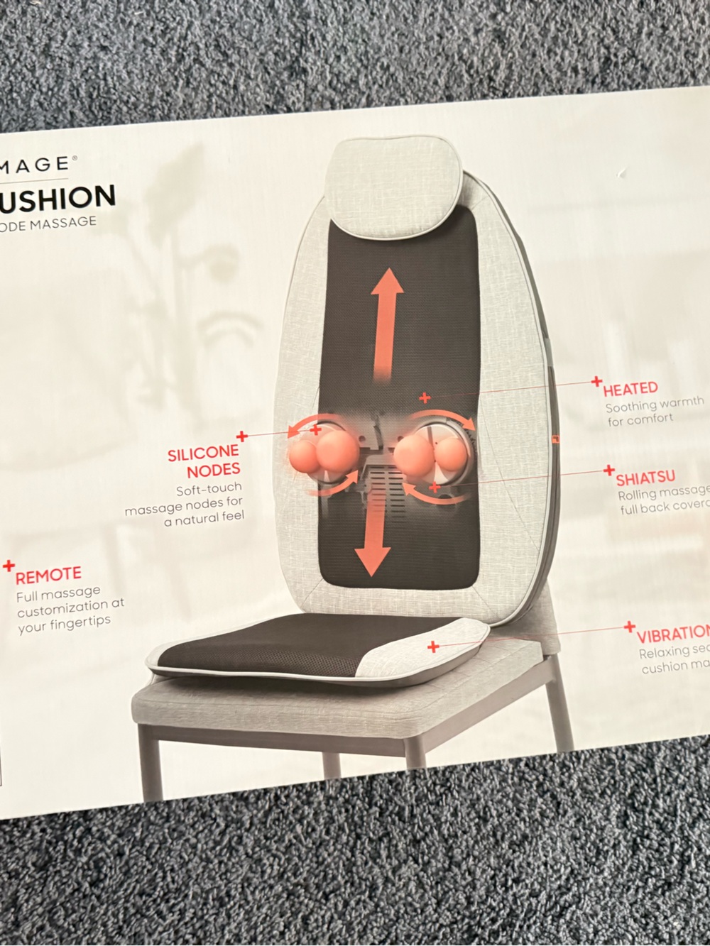Sharper Image Shiatsu Cushion Seat Massager - Gray Black with Orange Accents